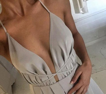 Sexy Halter Light Gray Deep V-Neck Side Slit Satin Prom Dresses, PD0567