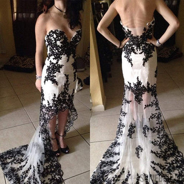 Hi-low Sweetheart White Tulle Black Lace Backless Prom Dresses, PD0241