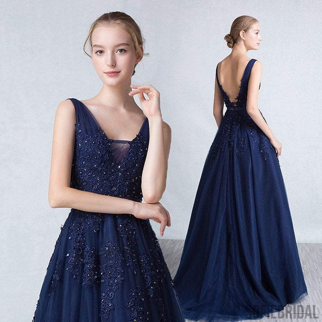 Navy Blue Tulle Appliques Beaded Long A-line V-back Prom Dresses, PD0242