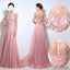 Scoop Neckline See Through Beaded Long Sleeve Pink Chiffon Long Prom Bridesmaid Dresses, PD0561