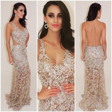 Gorgeous V-Neck See Through Beaded Sexy Long Mermaid Prom Dresses, PD0532
