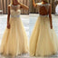 Scoop Neckline Long A-line Rhinestone Beige Tulle Prom Dresses, PD0223