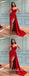 Sexy Red Sequin Satin One Shoulder V-Neck Sleeveless Side Slit Mermaid Long Prom Dresses/Evening Dresses,SFPD0365