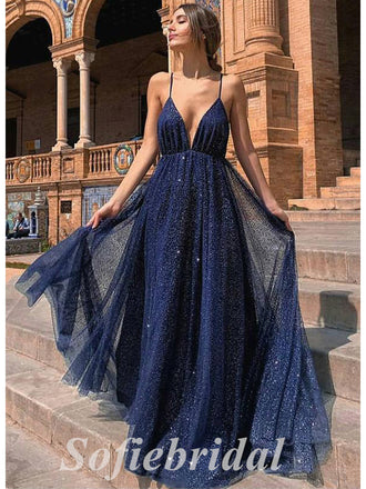 Beautiful Tulle Spaghetti Straps V-Neck Sleeveless A-Line Long prom Dresses,SFPD0719