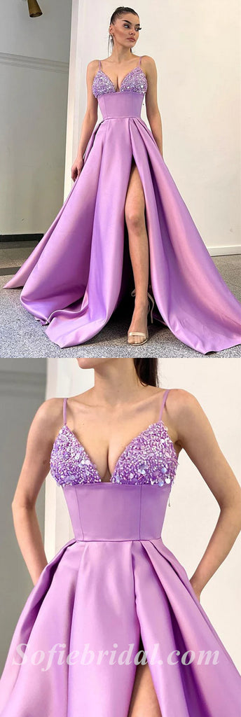 Sexy Sequin And Satin Spaghetti Straps V-Neck Side Slit A-Line Long Prom Dresses/Evening Dresses,SFPD0357