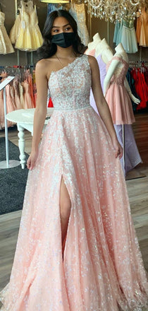 Simple A-line One-Shoulder Lace Long Prom Dresses,SFPD0099