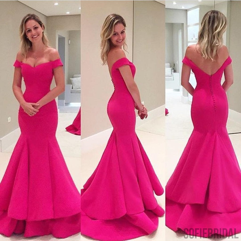 Off Shoulder Hot Pink Soft Satin Long Mermaid Elegant Formal Prom Dresses, PD0263