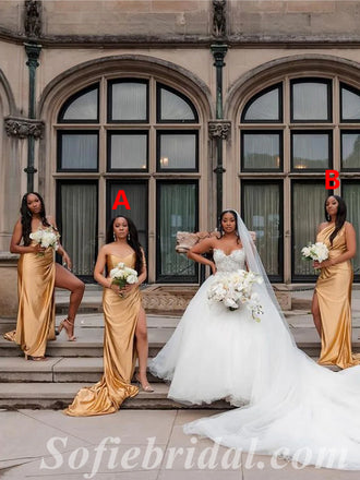 Mismatched Sexy Soft Satin Mermaid Side Slit Floor Length Bridesmaid Dressses, SFWG00456