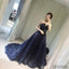 Elegant Sparkle Long A-line Ball Gown Navy Blue Tulle Rhinestone Prom Dresses, PD0528
