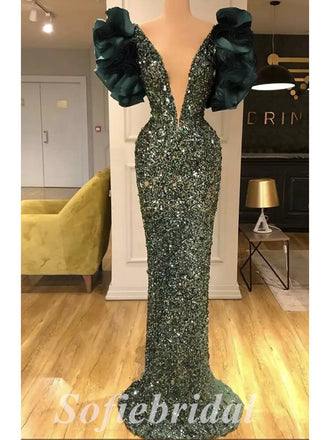 Sexy Shiny Sequin Short Sleeve Deep V-Neck Mermaid Long prom Dresses,SFPD0716