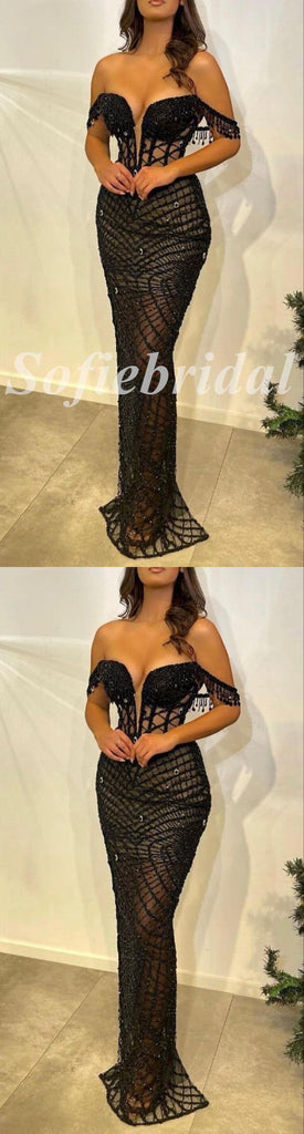 Sexy Tulle And Sequin Off Shoulder V-Neck Sleeveless Mermaid Long Prom Dresses With Beading, PD0826
