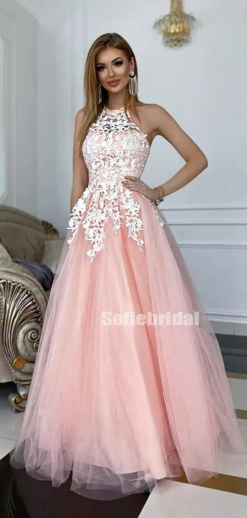 Lovely Halter A-line Lace Tulle Simple Prom Dresses,SFPD0177