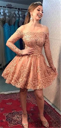 Off-shoulder Long Sleeves Lace Beading Short Homecoming Dress, HD0156