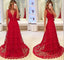 V-neck Red Lace Sleeveless Long A-line Tulle Prom Dresses, PD0519