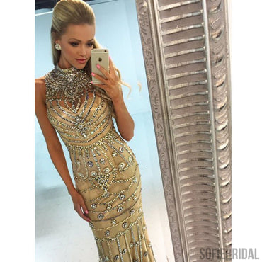 Gorgeous Rhinestone High Neck Long Sheath 2017 Prom Dresses, Popular Prom Dress, PD0234