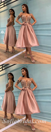 Sexy Sequin Top Satin Bottom Spaghetti Straps V-Neck Sleeveless A-Line Prom Dresses/Homecoming Dresses,SFPD0366