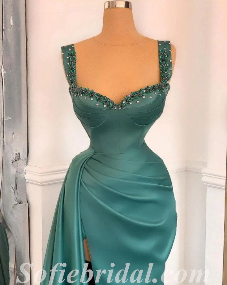 Sexy Satin Spaghetti Straps V-Neck Sleeveless Side Slit Mermaid Long Prom Dresses,SFPD0482