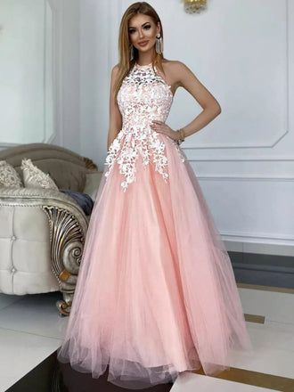Lovely Halter A-line Lace Tulle Simple Prom Dresses,SFPD0177
