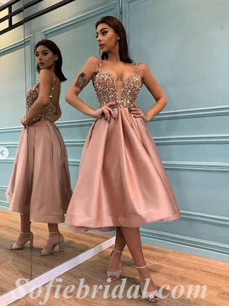 Sexy Sequin Top Satin Bottom Spaghetti Straps V-Neck Sleeveless A-Line Prom Dresses/Homecoming Dresses,SFPD0366