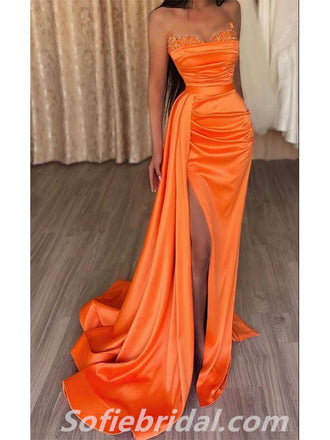 Sexy Satin Sweetheart Sleeveless Side Slit Mermaid Long Prom Dresses,SFPD0324