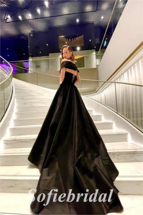 Elegant Satin Off Shoulder V-Neck Sleeveless Side Slit A-Line Long Prom Dresses, PD0871