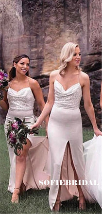 Mermaid Spaghetti Straps Sequins Long Bridesmaid Dresses With Split, BD1087