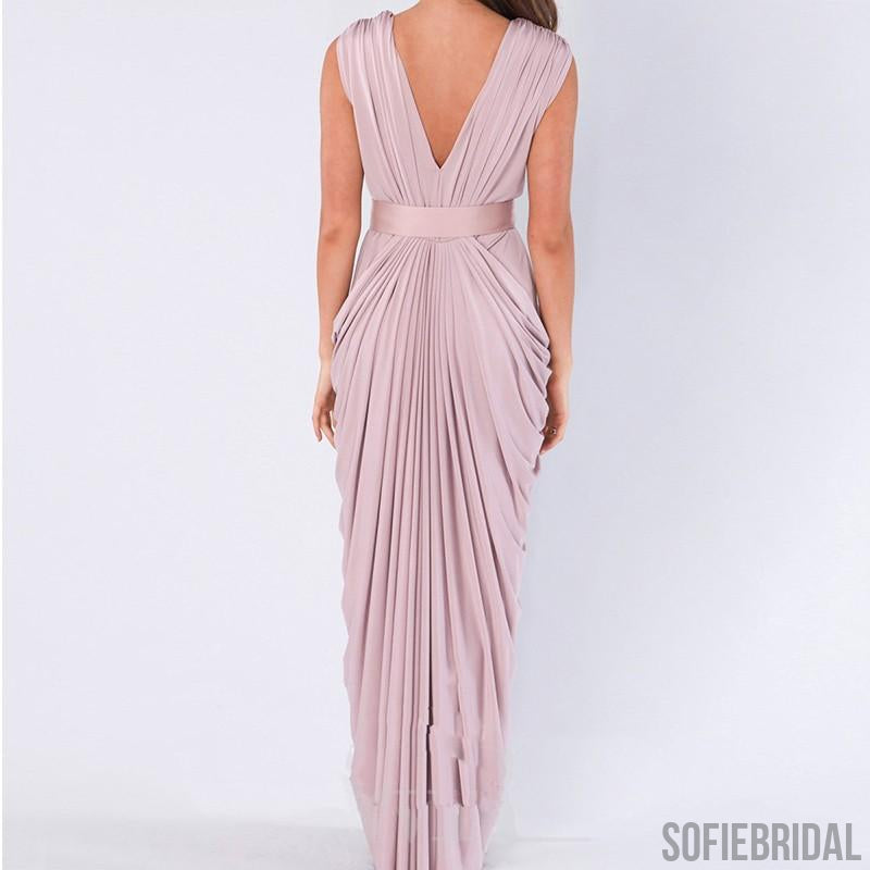 New Arrival V-neck Cap Sleeves Long Bridesmaid Dresses With Pleats, BD1047
