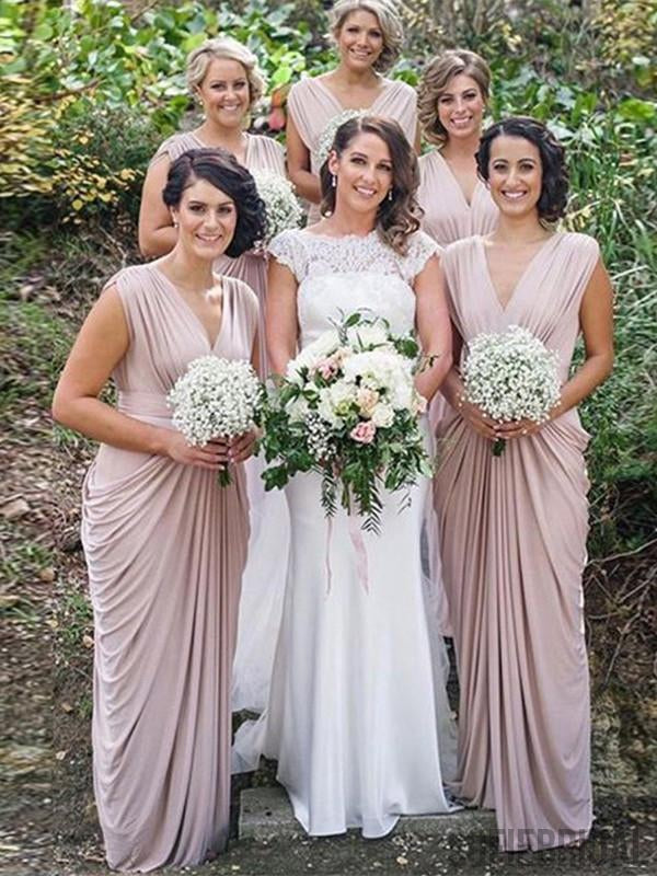 New Arrival V-neck Cap Sleeves Long Bridesmaid Dresses With Pleats, BD1047