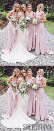 Mermaid Round Neck Ruffle Sleeves Simple Bridesmaid Dress, BD1007