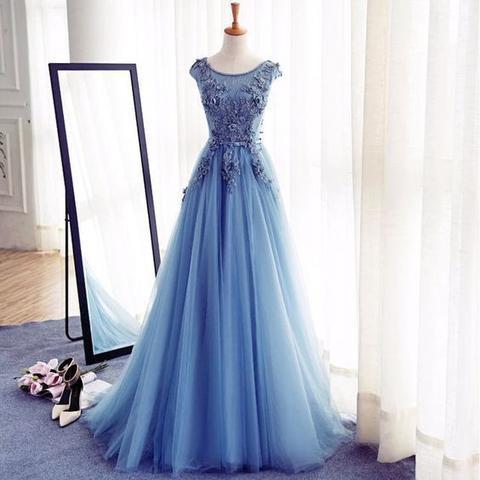 Scoop Neckline Blue Appliques Long A-line Tulle Elegant Prom Dresses, PD0557