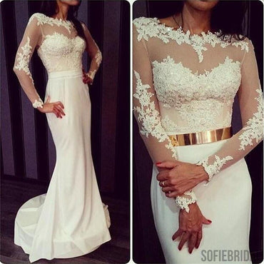 Popular Round Neck White Lace Jersey Long Sleeve Mermaid Prom Dresses with Gold Belt, PD0548
