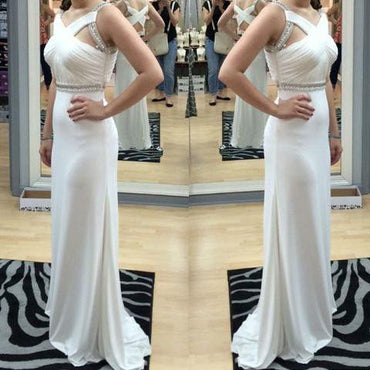 Simple Design Cross Back Rhinestone Shoulder Long Sheath Prom Dresses, PD0287