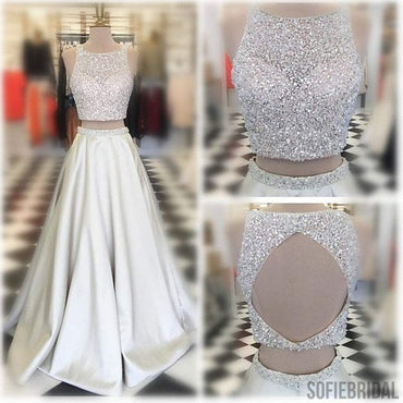 Two Pieces Scoop Neckline Rhinestone Beaded Long A-line Ivory Satin Prom Dresses, PD0587