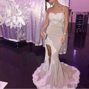 Spaghetti White Lace Sexy Mermaid Side Slit Popular Cheap Prom Dresses,PD0289