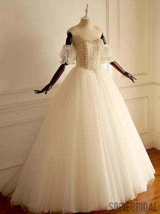 Off Shoulder Beaded A-line Lace Long Custom Cheap Wedding Bridal Dresses, WD302