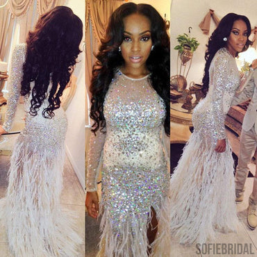Round Neck Sparkle Rhinestone Beaded Long Mermaid Sheer Prom Dresses With Feather, PD0555