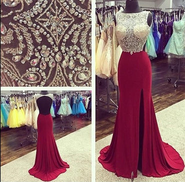 Scoop Neckline Rhinestone Sheer Top Backless Burgundy Jersey Side Slit Prom Dresses, PD0559