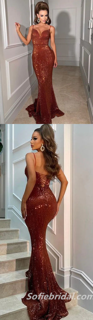 Sexy Sequin Spaghetti Straps V-Neck Side Slit Mermaid Long Prom Dresses,SFPD0253