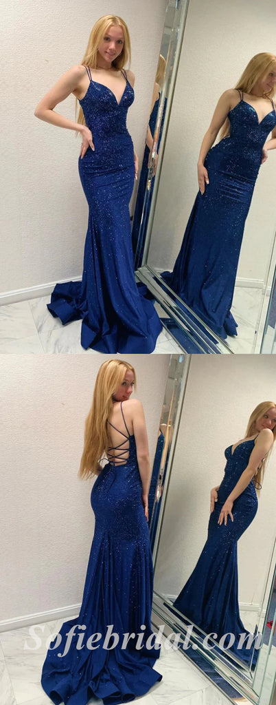 Sexy Royal Blue Sequin Satin Spaghetti Straps V-Neck Lace Up Back Mermaid Long Prom Dresses,SFPD0474