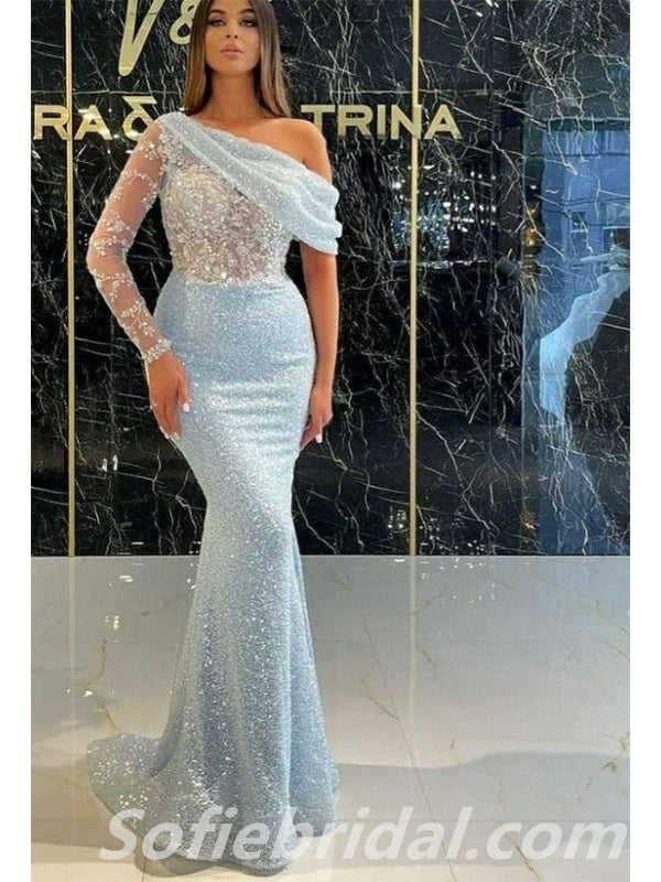 Elegant Special Fabric One Shoulder One sleeve Mermaid Long Floor Length Prom Dresses With Applique,SFPD0246