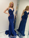 Sexy Royal Blue Sequin Satin Spaghetti Straps V-Neck Lace Up Back Mermaid Long Prom Dresses,SFPD0474