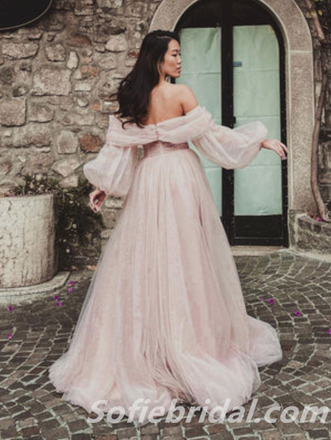 Sexy Tulle Off Shoulder Long Sleeve A-Line Side Slit Long Wedding Dresses,SFWD0069