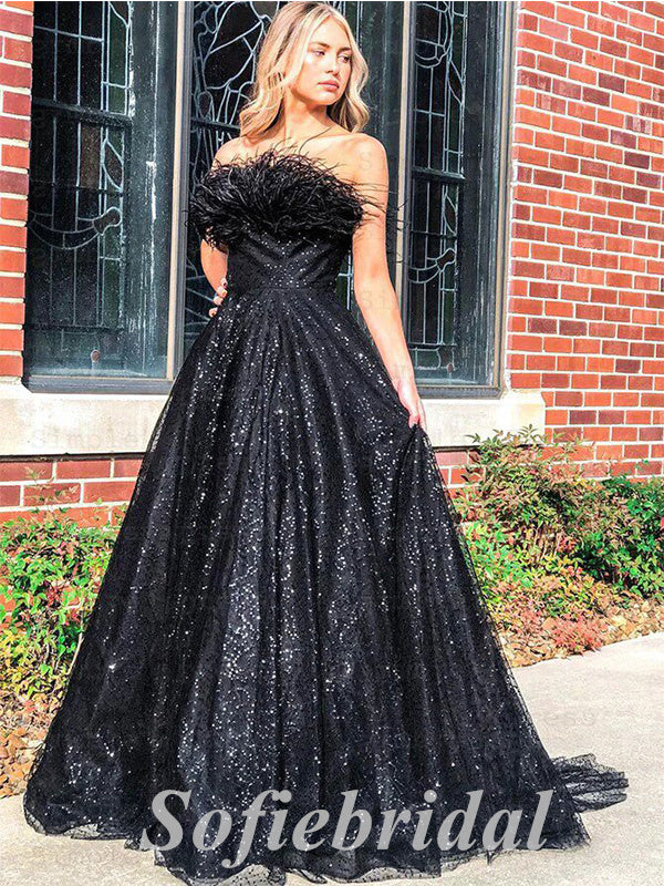 Sexy Black Sequin Tulle Sweetheart Sleeveless A-Line Long Prom Dresses,SFPD0628