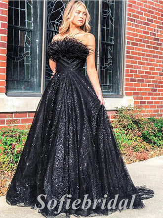 Sexy Black Sequin Tulle Sweetheart Sleeveless A-Line Long Prom Dresses,SFPD0628