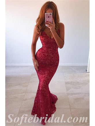 Sexy Lace Tulle Sweetheart V-Neck Sleeveless Backless Mermaid Long Prom Dresses,SFPD0537