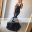 Black V-neck Sequin Mermaid Prom Dresses, Sexy Spaghetti Prom Dresses, PD0400