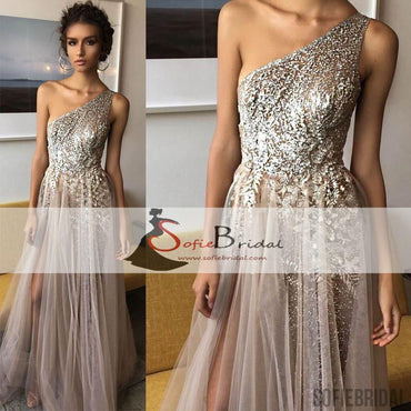 One Shoulder Appliques Beaded Prom Dresses, Tulle Side Slit Prom Dresses, Prom Dresses, PD0449
