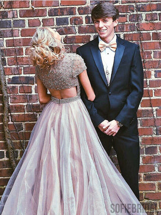 Short Sleeves Beaded Long A-line Prom Dresses, Cheap Prom Dresses, PD0754