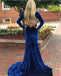Long Sleeves V-neck Royal Blue Long Velvet Prom Dresses, Simple Prom Dresses, PD0753