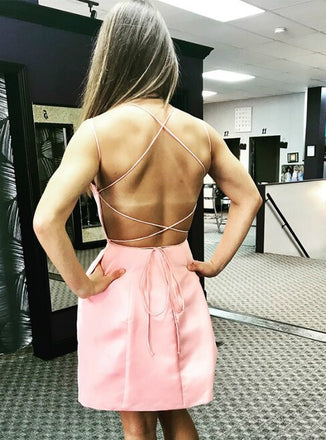 Newest Spaghetti Straps Lace-up Back Pink Homecoming Dress, HD0159